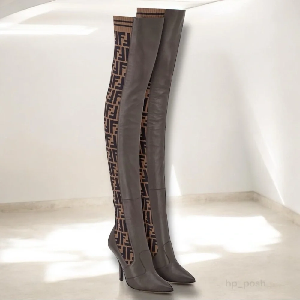 Fendi Rockoko Over the Knee Boots w FF Pattern leather sole ebano tabacco nero